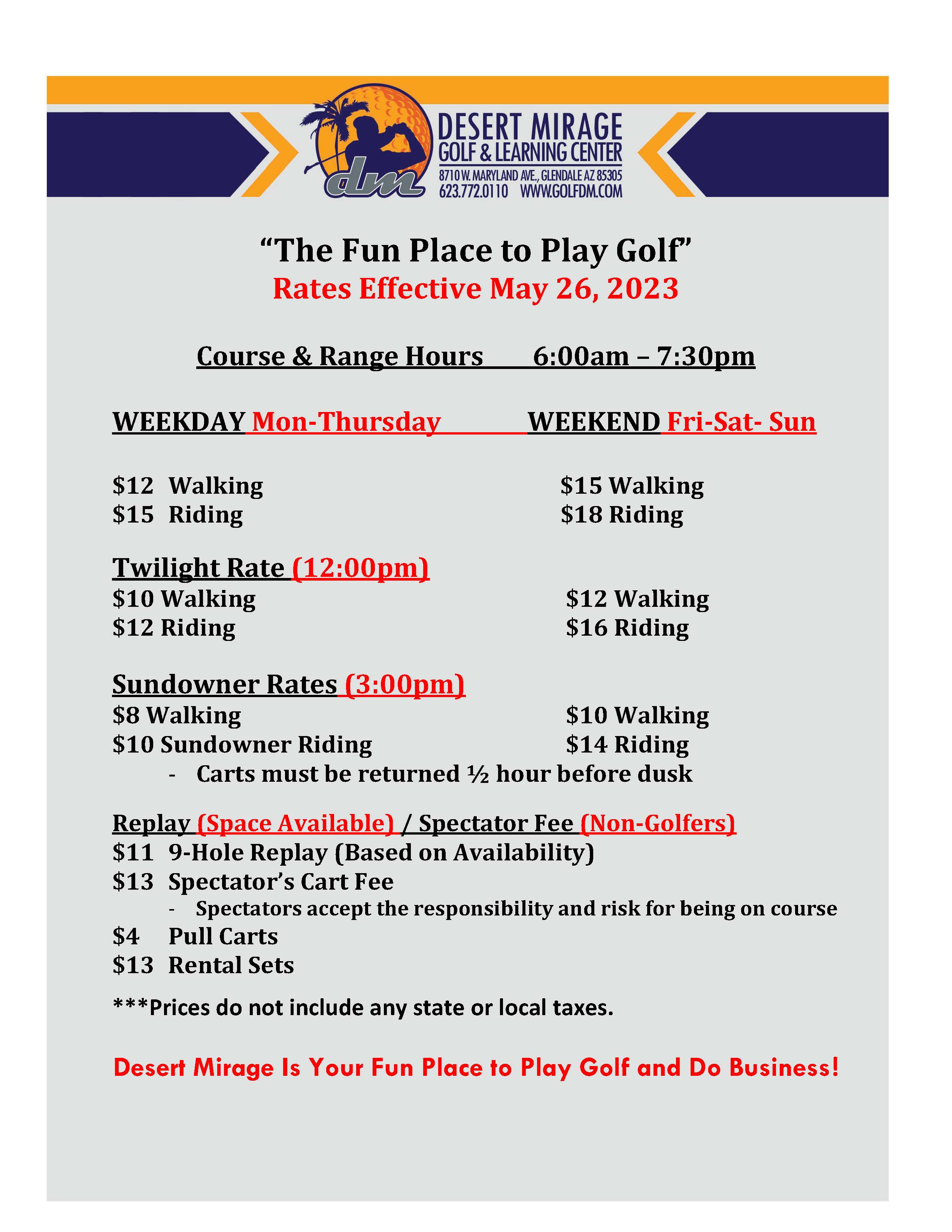 Rates Desert Mirage Golf & Practice Center
